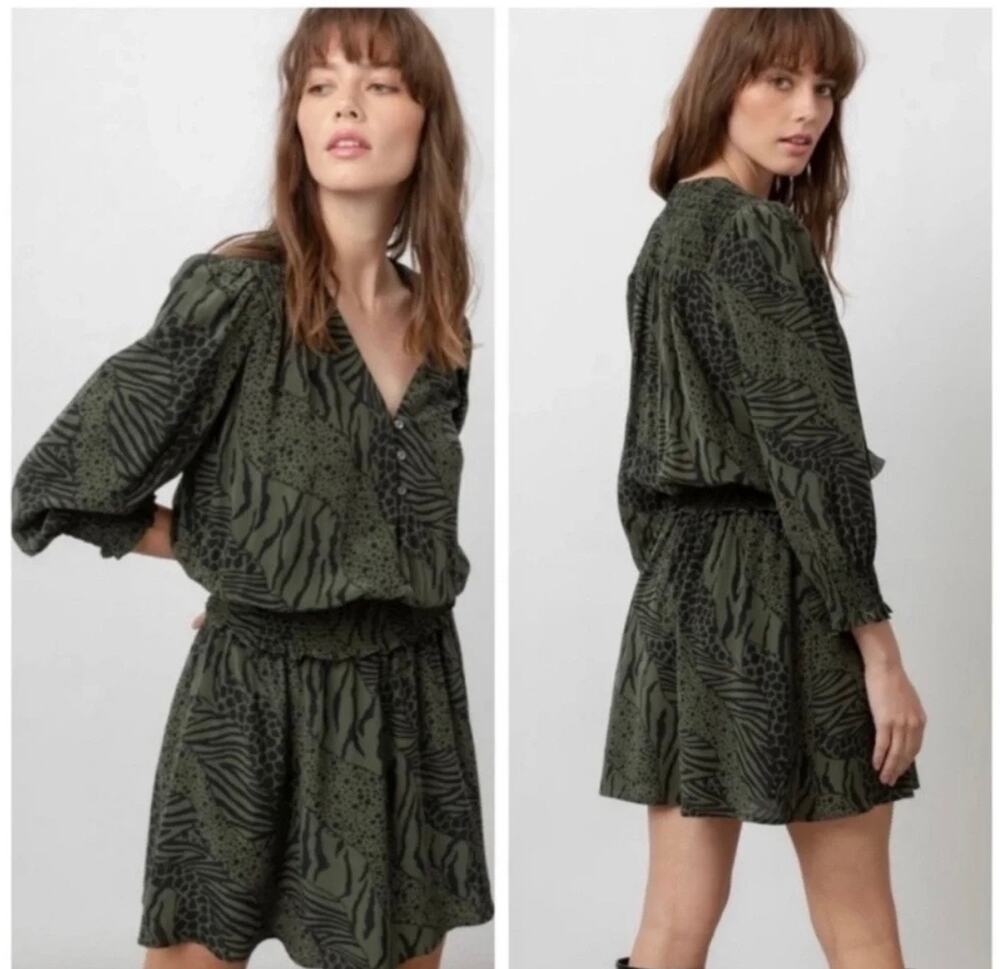 Rails Zana Dress NWOT Small Olive Mixed Animal Print Long Sleeve Mini Boho